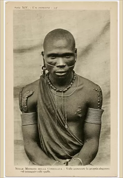 East African Tribesman - Extensive Scarification, Nose Chain