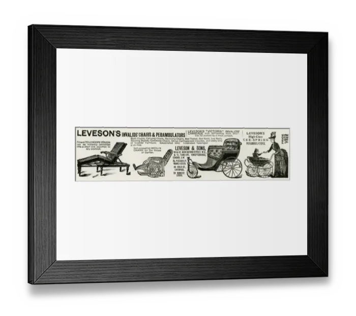 Framed Print : Advert for Levesons invalid chairs & perambulators 1889 Framed Print : Advert for Levesons invalid chairs & perambulators 1889