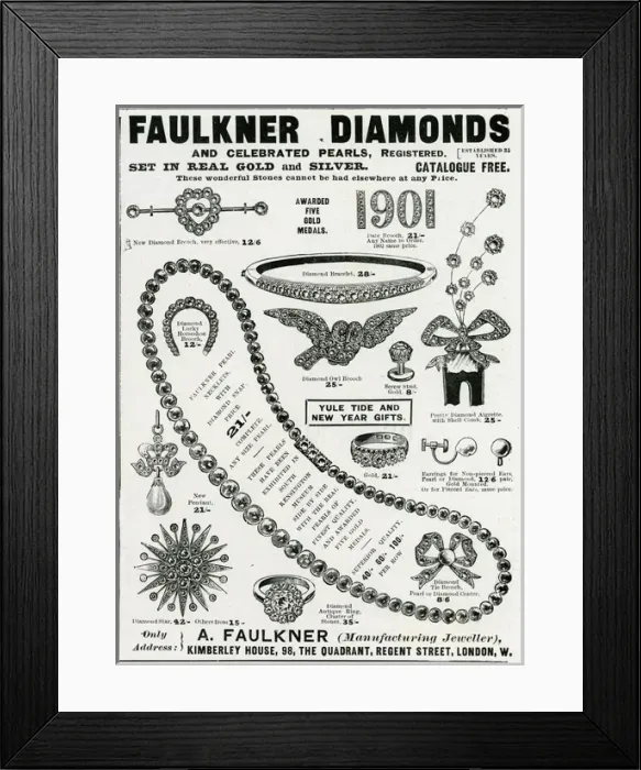 Framed Print : Advert for Faulkner diamond jewellery 1901 Framed Print : Advert for Faulkner diamond jewellery 1901