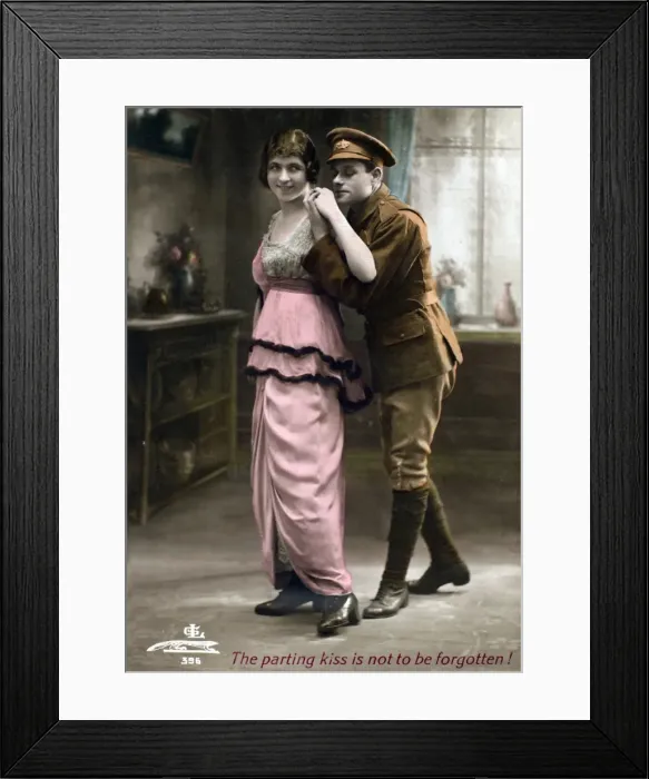 Framed Print : Soldier standing behind a young lady - Postcard Framed Print : Soldier standing behind a young lady - Postcard