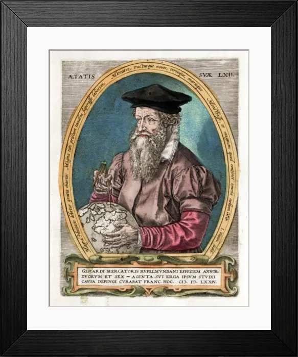 Framed Print : Portrait of Mercator with globe and compass Framed Print : Portrait of Mercator with globe and compass
