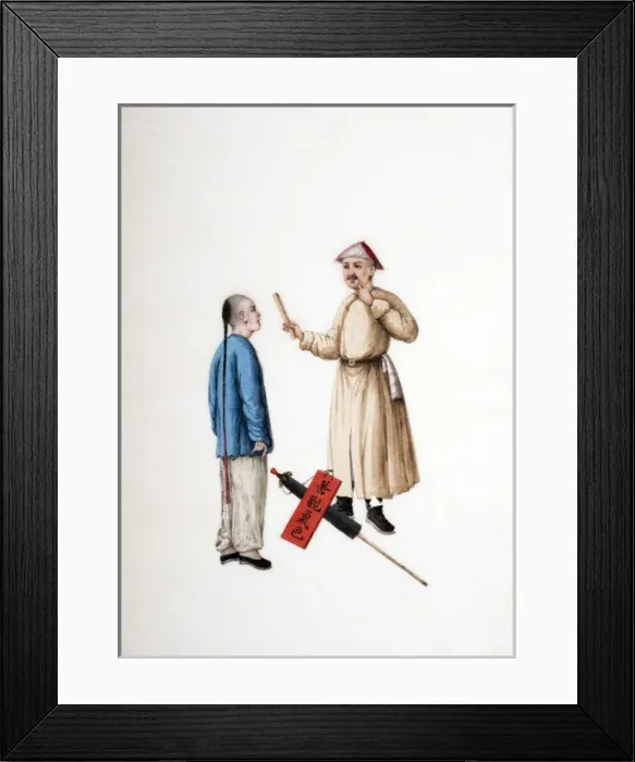 Framed Print : Drawing of 2 Chinese Men with parasol and inscription Framed Print : Drawing of 2 Chinese Men with parasol and inscription