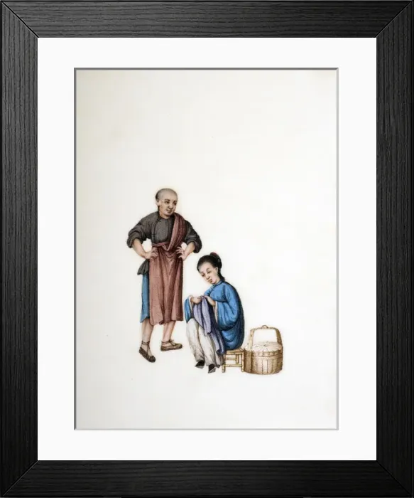 Framed Print : Drawing of Chinese seamstress sewing, bound feet Framed Print : Drawing of Chinese seamstress sewing, bound feet