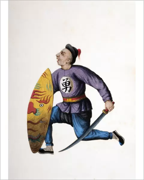 Drawing of Chinese soldier with sword and shield