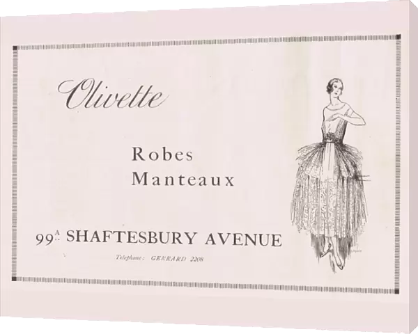 Advert for the London fashion house of Olivette, 1921