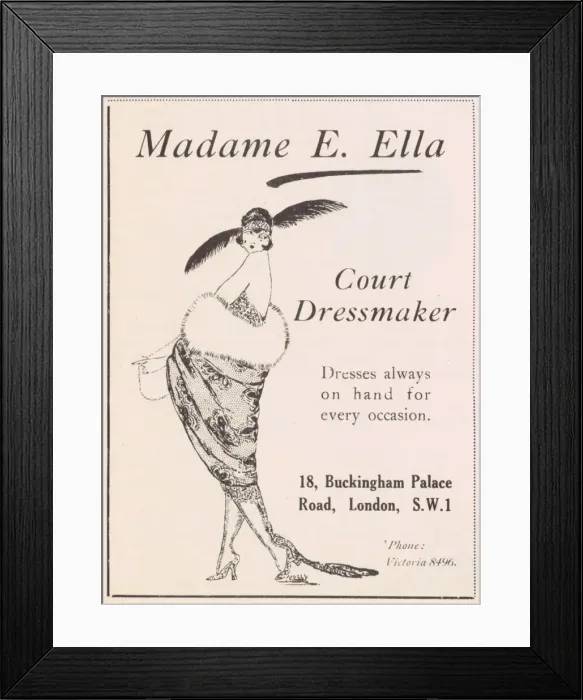 Framed Print : Advert for Madame E. Ella, Court Dressmaker, London, 1921 Framed Print : Advert for Madame E. Ella, Court Dressmaker, London, 1921