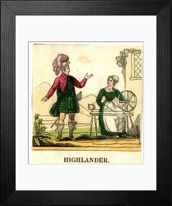 Framed Print : Scottish Highlander and woman spinning Framed Print : Scottish Highlander and woman spinning