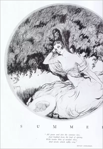 Sketch by G. Peres of Summer with a young women under apple