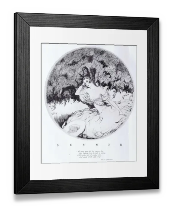 Framed Print : Sketch by G. Peres of Summer with a young women under apple Framed Print : Sketch by G. Peres of Summer with a young women under apple