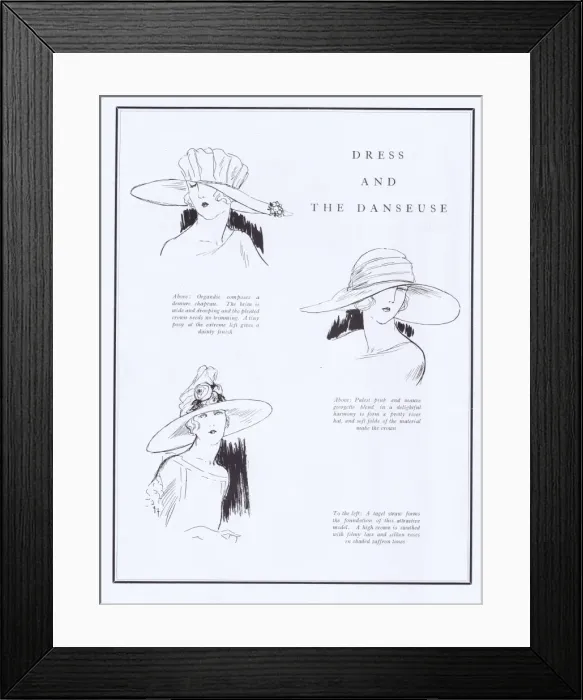 Framed Print : Dress and the Danceuse - three fashionable hat designs, 1922 Framed Print : Dress and the Danceuse - three fashionable hat designs, 1922
