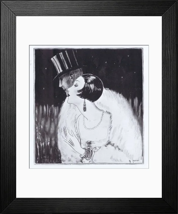 Framed Print : Art deco sketch by G. Peres of glamorous young lady and her Framed Print : Art deco sketch by G. Peres of glamorous young lady and her