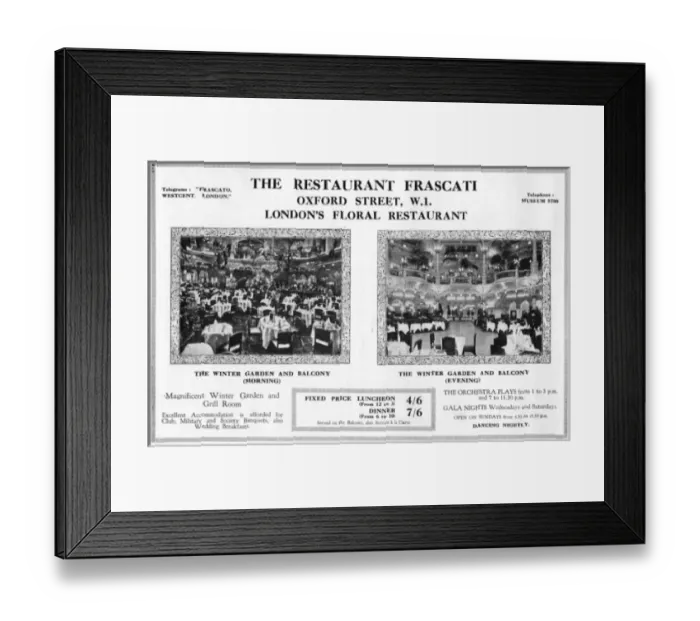 Framed Print : Advert for Frascati Restaurant, London, 1927 Framed Print : Advert for Frascati Restaurant, London, 1927