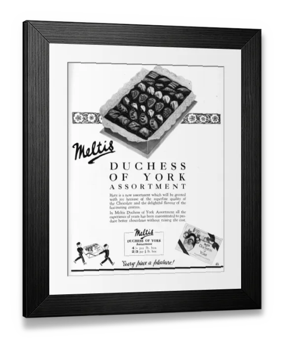 Framed Print : Advert for Meltis Duchess of York chocolates, London, 1926 Framed Print : Advert for Meltis Duchess of York chocolates, London, 1926