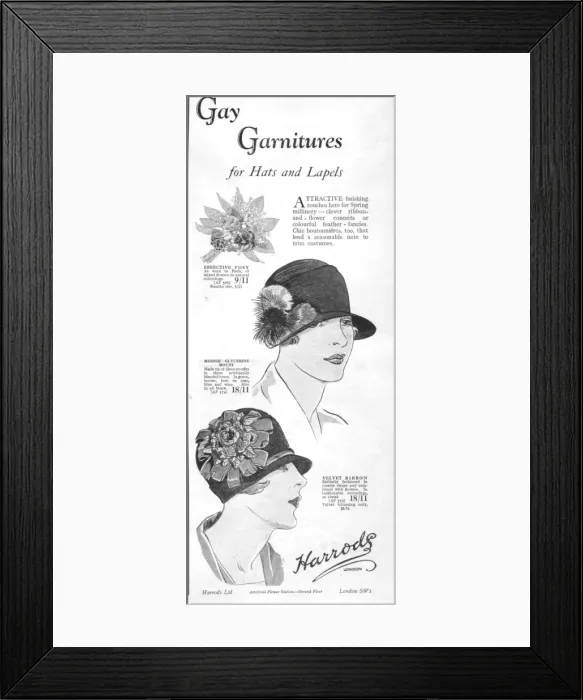 Framed Print : Harrods and their range of Gay Garnitures for hats and lapel Framed Print : Harrods and their range of Gay Garnitures for hats and lapel