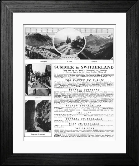 Framed Print : Advert for summer in Switzerland, 1926 Framed Print : Advert for summer in Switzerland, 1926