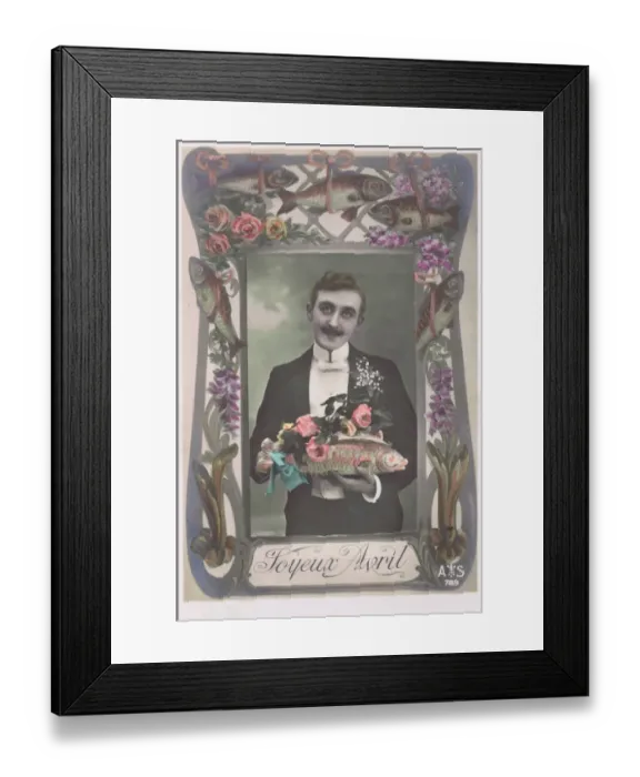 Framed Print : Art deco Joyeux Avril postcard featuring gourmet fish and wa Framed Print : Art deco Joyeux Avril postcard featuring gourmet fish and wa