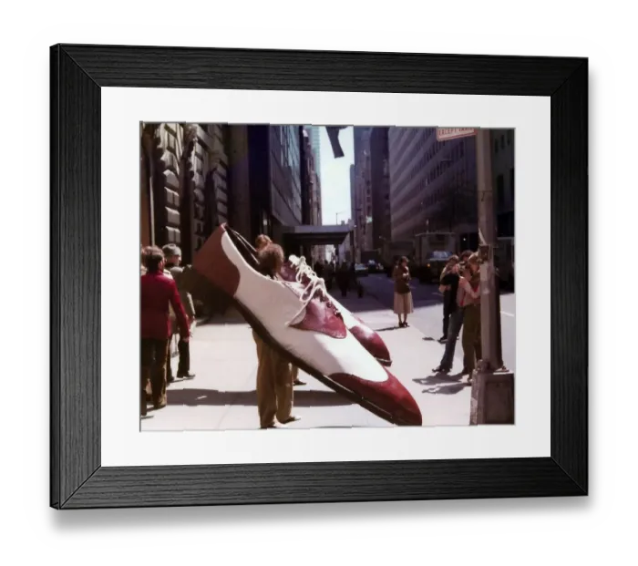 Framed Print : Exhibition image of men wearing large shoes Framed Print : Exhibition image of men wearing large shoes