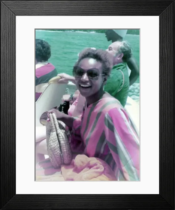Framed Print : British Caribbean woman, sitting on boat crossing river, Ohi Framed Print : British Caribbean woman, sitting on boat crossing river, Ohi