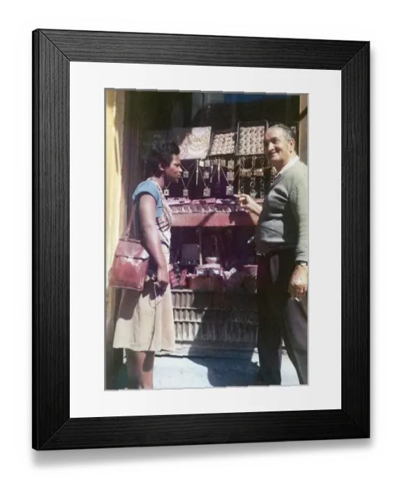 Framed Print : Lorna Holder talking to a shopkeeper outside jewellery shop Framed Print : Lorna Holder talking to a shopkeeper outside jewellery shop