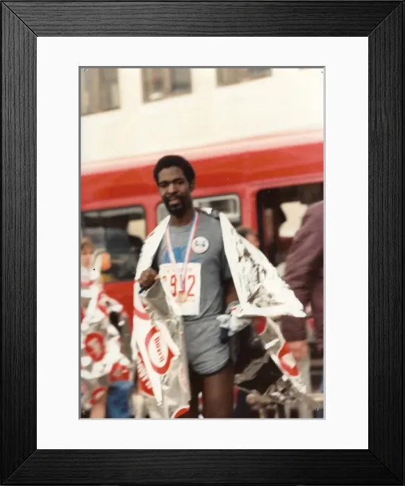 Framed Print : British Caribbean marathon runner, with foil wrap Framed Print : British Caribbean marathon runner, with foil wrap