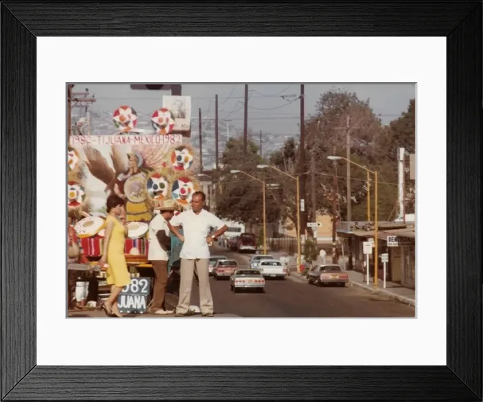 Framed Print : Woman and two men standing on the float above the street Framed Print : Woman and two men standing on the float above the street