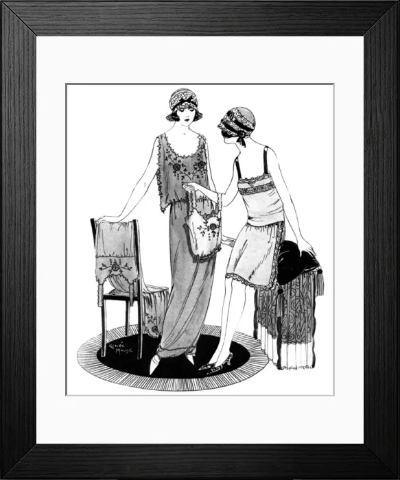 Framed Print : Fashionable ladies discussing a set of undergarments Framed Print : Fashionable ladies discussing a set of undergarments