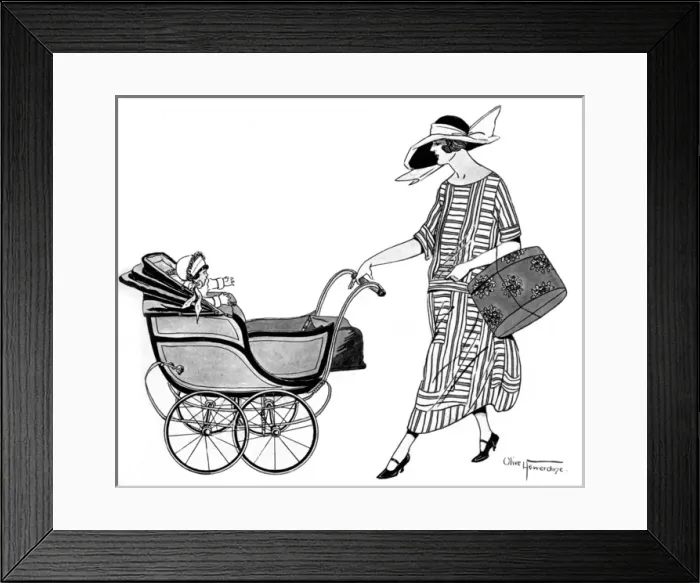 Framed Print : Fashionable lady pushing her child in a fine pram Framed Print : Fashionable lady pushing her child in a fine pram