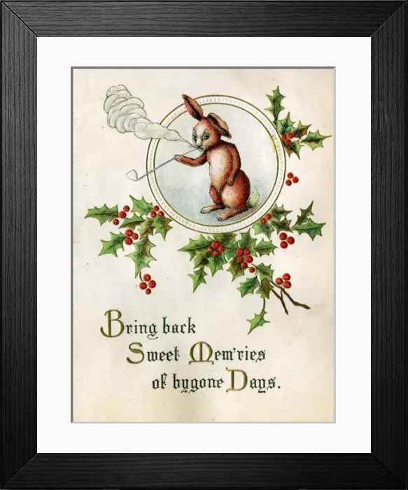 Framed Print : Christmas card, smoking rabbit with holly Framed Print : Christmas card, smoking rabbit with holly
