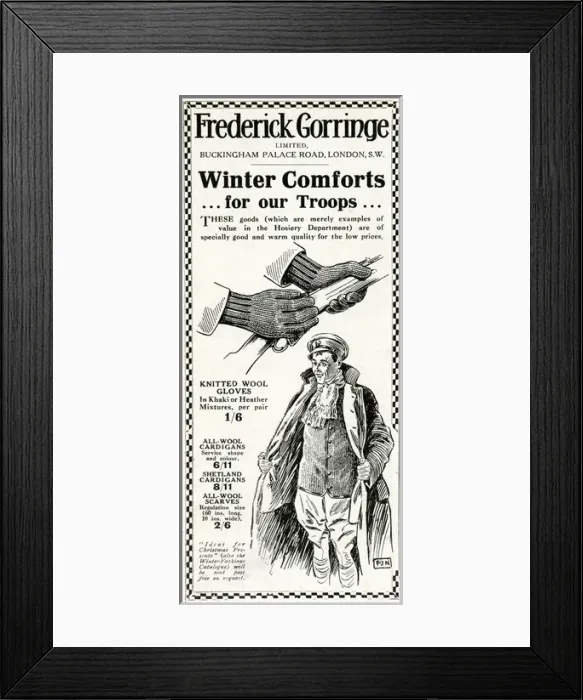 Framed Print : Advert for Frederick Gorringe winter comforts 1915 Framed Print : Advert for Frederick Gorringe winter comforts 1915