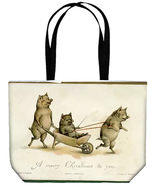 Christmas card, three pigs with a wheelbarrow