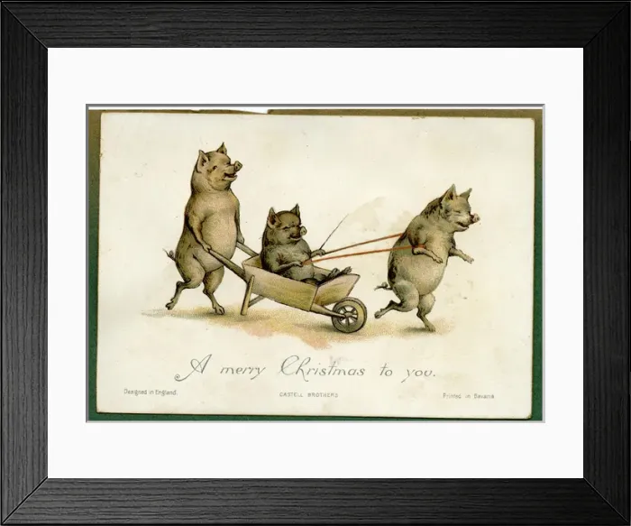 Framed Print : Christmas card, three pigs with a wheelbarrow Framed Print : Christmas card, three pigs with a wheelbarrow