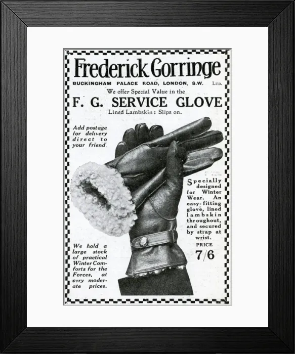 Framed Print : Advert for Frederick Gorringe service gloves 1915 Framed Print : Advert for Frederick Gorringe service gloves 1915