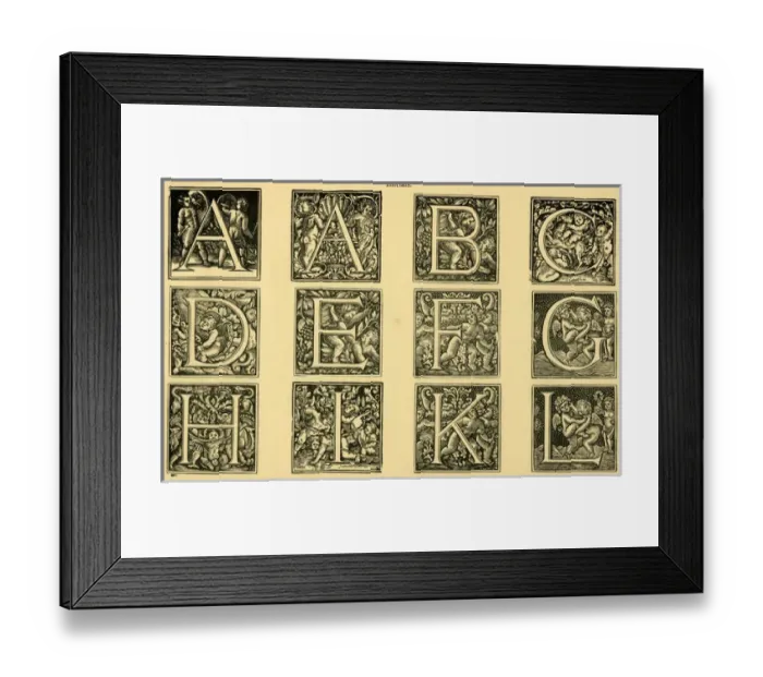 Framed Print : Alphabet with putti, ornate initials A-L Framed Print : Alphabet with putti, ornate initials A-L