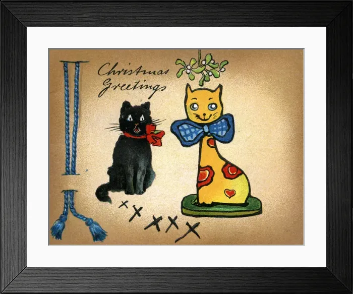Framed Print : Christmas card, black cat and china cat Framed Print : Christmas card, black cat and china cat