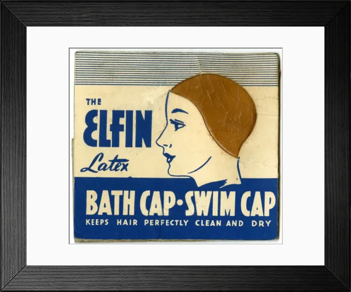 Framed Print : Packet design, Elfin Latex Bath Cap - Swim Cap