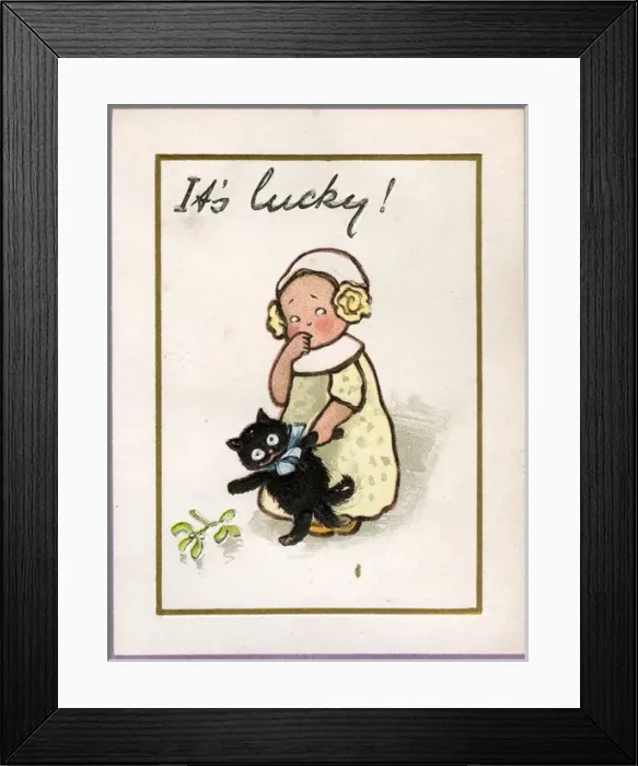Framed Print : Christmas card, girl with black cat and mistletoe Framed Print : Christmas card, girl with black cat and mistletoe