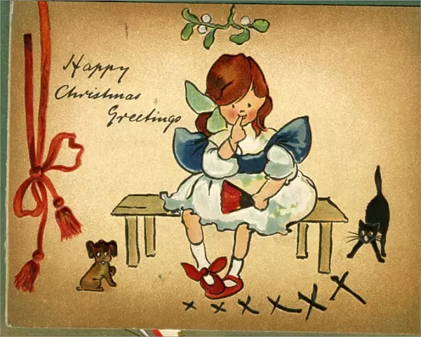 Christmas card, girl sitting under mistletoe