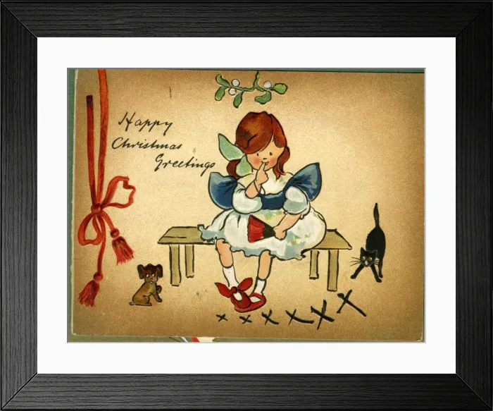 Framed Print : Christmas card, girl sitting under mistletoe Framed Print : Christmas card, girl sitting under mistletoe