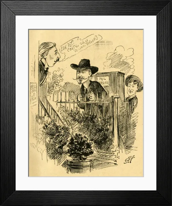 Framed Print : Cartoon, John Hollingshead and two street musicians Framed Print : Cartoon, John Hollingshead and two street musicians