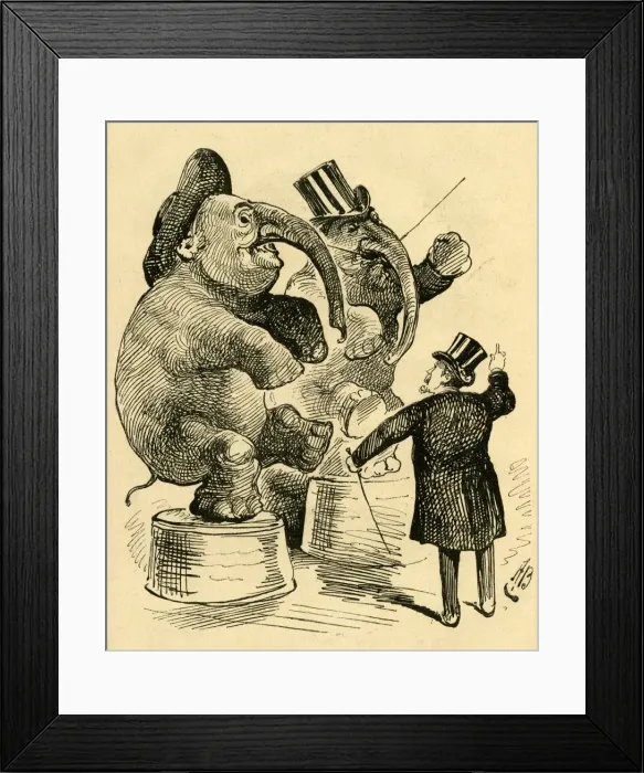 Framed Print : Cartoon, ringmaster and performing elephants Framed Print : Cartoon, ringmaster and performing elephants