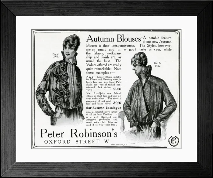 Framed Print : Advert for Peter Robinsons womens dressy blouses 1915 Framed Print : Advert for Peter Robinsons womens dressy blouses 1915