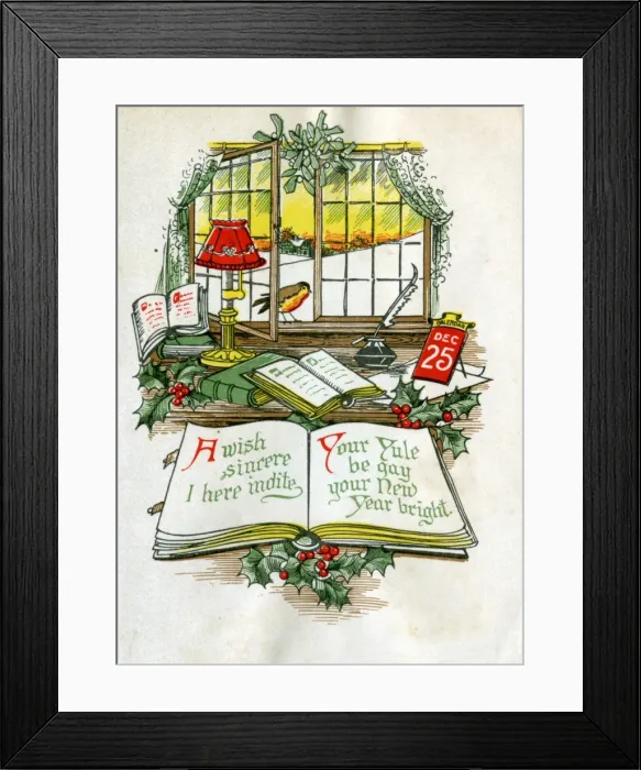 Framed Print : Christmas card with desk, window and robin Framed Print : Christmas card with desk, window and robin