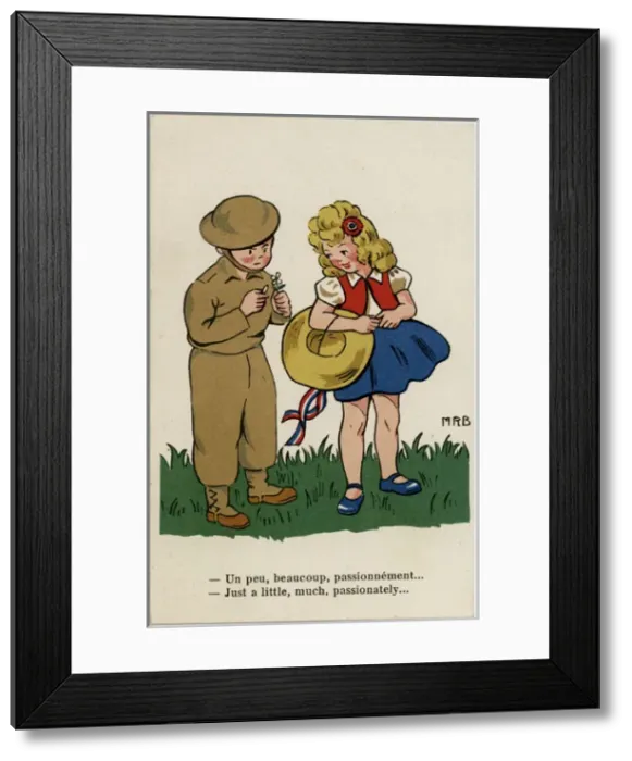 Framed Print : WW2 - British soldier checks his chances using flower petals Framed Print : WW2 - British soldier checks his chances using flower petals