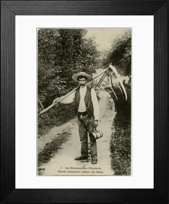 Framed Print : Harvest labourer returning from fields - Normandy, France Framed Print : Harvest labourer returning from fields - Normandy, France