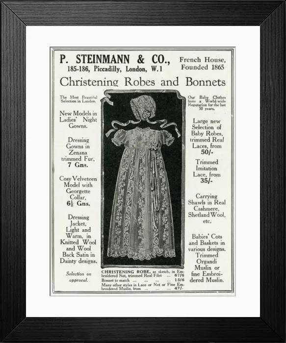 Framed Print : Advert for P. Steinmann & Co Christening robes 1926 Framed Print : Advert for P. Steinmann & Co Christening robes 1926