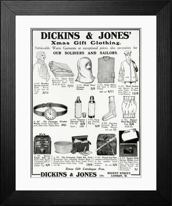 Framed Print : Advert for Dickins & Jones soldiers & sailors comforts 1914 Framed Print : Advert for Dickins & Jones soldiers & sailors comforts 1914
