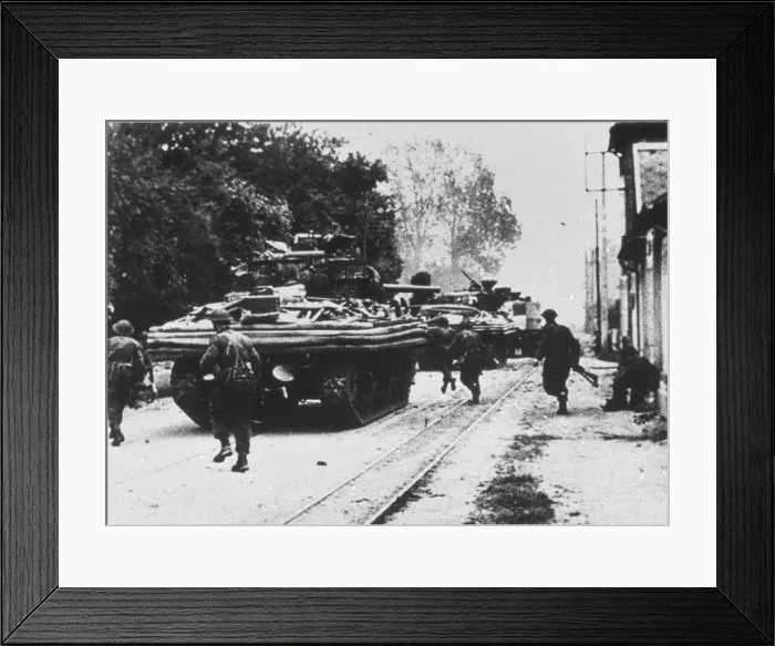 Framed Print : Amphibious tanks moving through a town, June 1944 Framed Print : Amphibious tanks moving through a town, June 1944