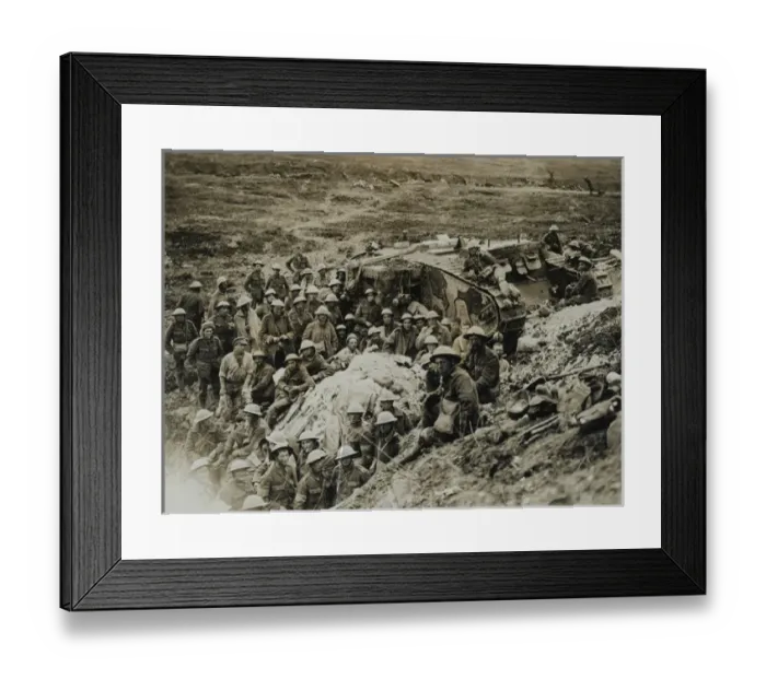 Framed Print : A Mark I tank surrounded by troops of 122nd Brigade Framed Print : A Mark I tank surrounded by troops of 122nd Brigade