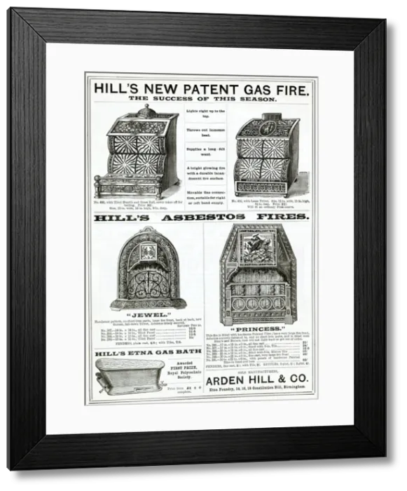 Framed Print : Advert for Arden Hills & Co new patent gas fires 1888 Framed Print : Advert for Arden Hills & Co new patent gas fires 1888