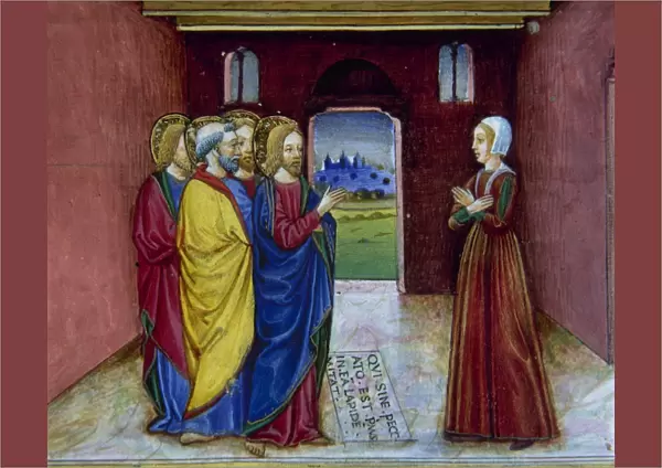 Jesus admonishes the adulteress to sin no more. Miniature